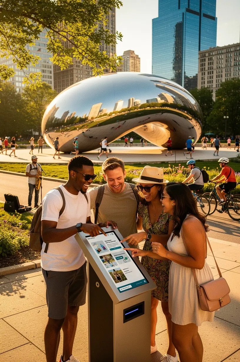 Счастливая семья с билетами на многогородской пропуск для посещения музеев и парков в нескольких городах США.