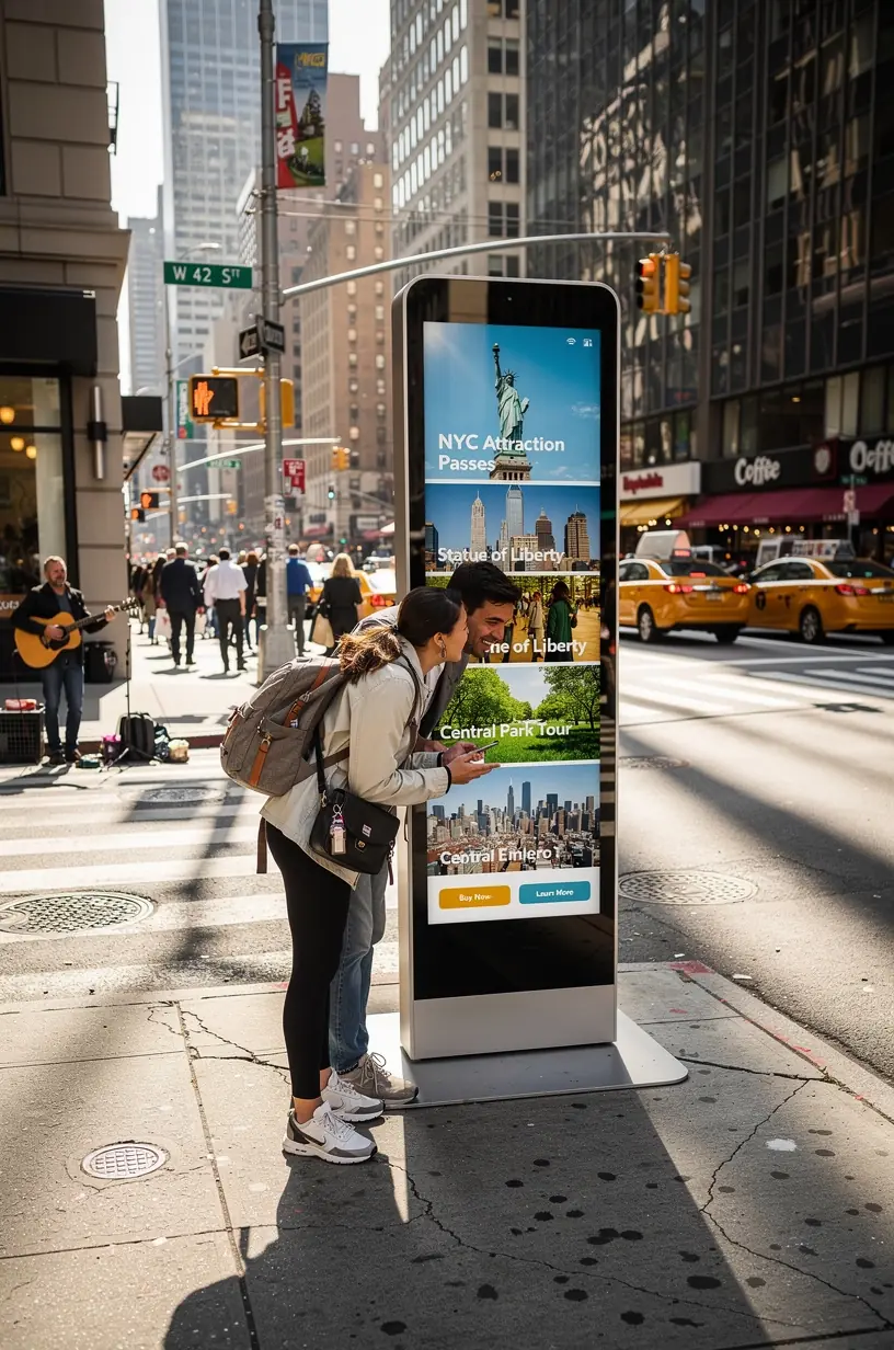 Туристы используют киоск самообслуживания для покупки многогородского пропуска на достопримечательности США с мгновенной активацией.